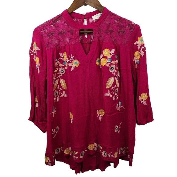 Umgee Pink Embroidered Boho Blouse Womens Medium - Picture 1 of 7